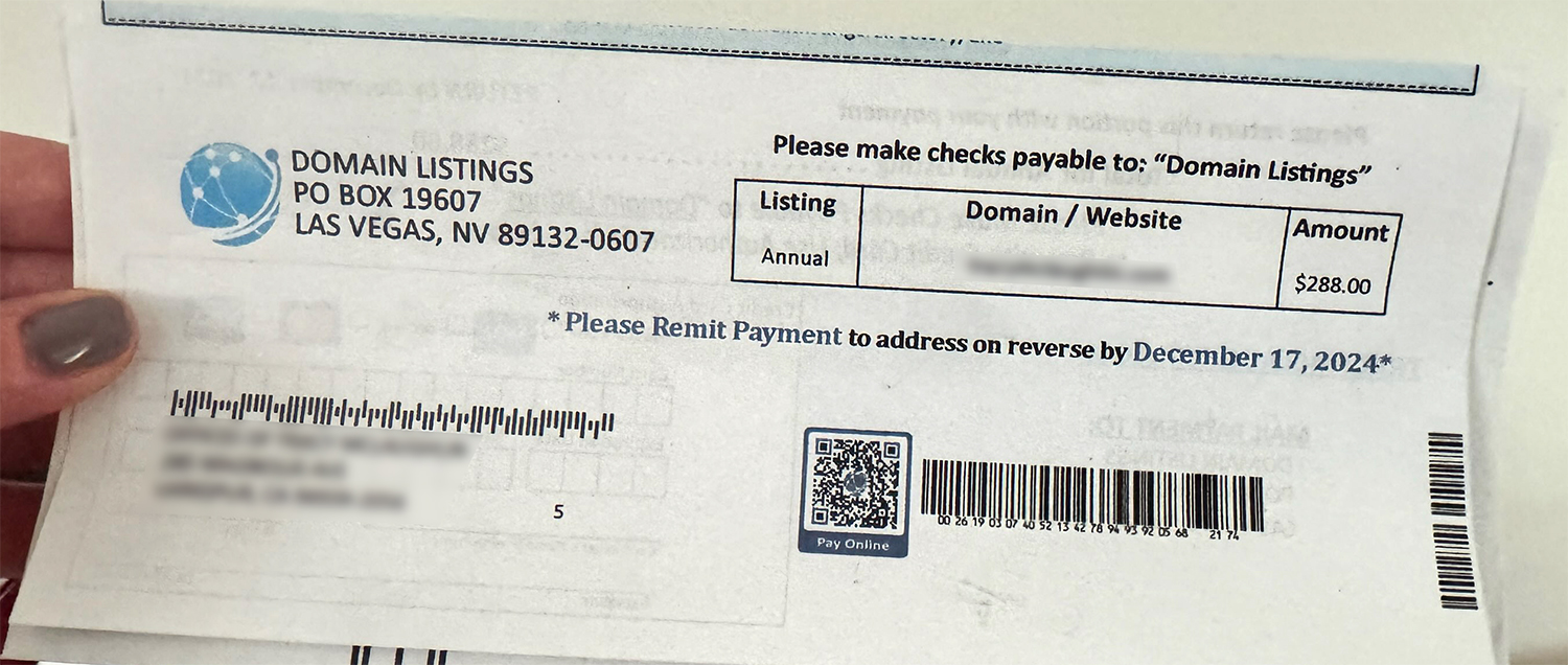 Scam domain renewal letter