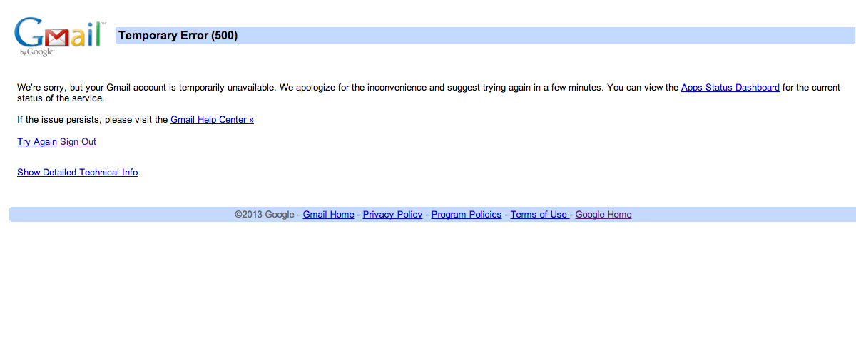 Screenshot of an error screen on Google