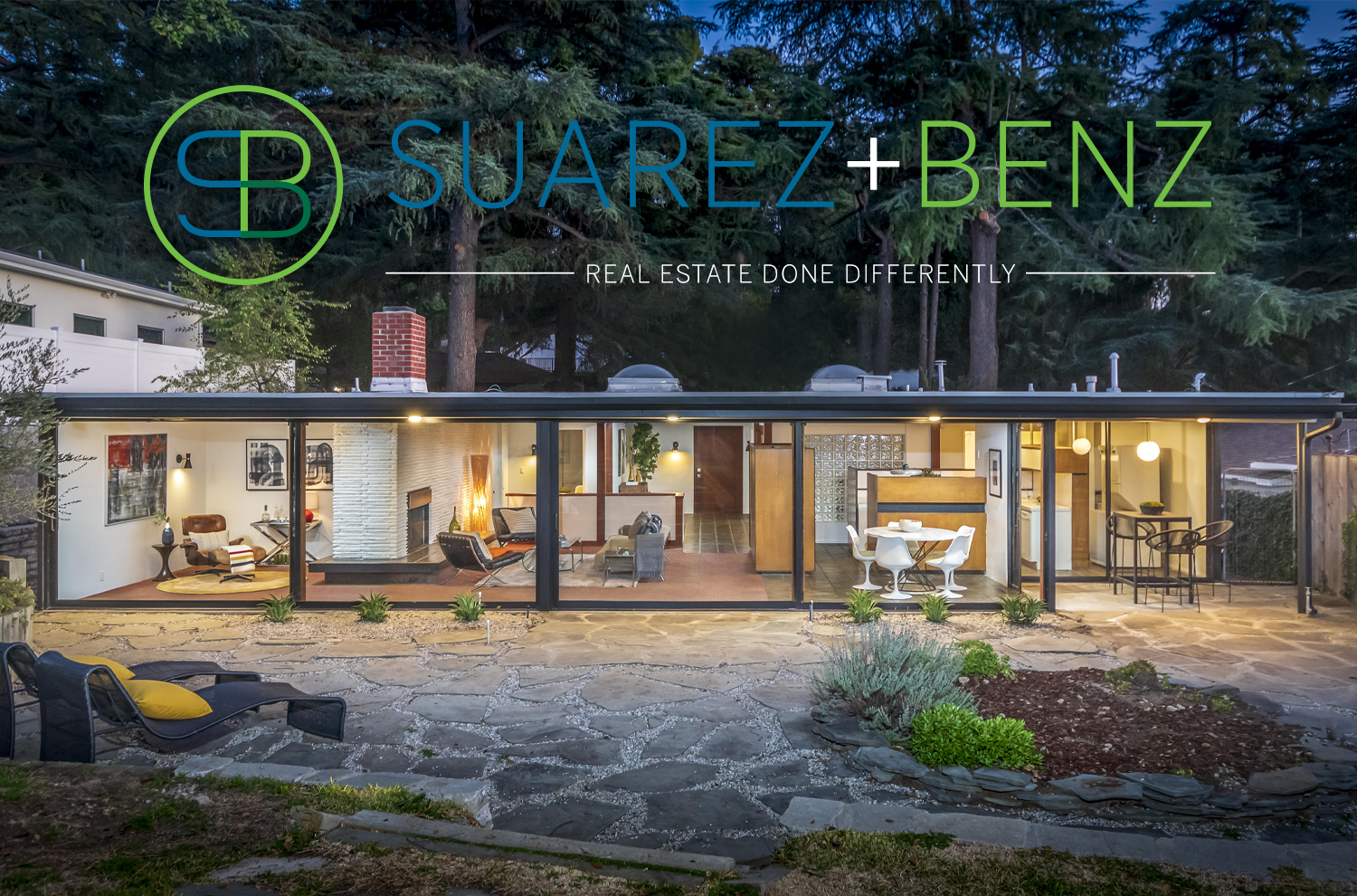 Midcentury modern home with Suarez+Benz logo
