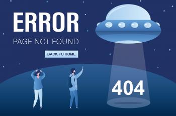 Graphic illustration of a spaceship and 404 error